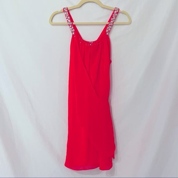 Hailey Logan Neon Orange Prom Dress Womens 4 Short Draped Barbie Mini Rhinestone - Picture 1 of 9